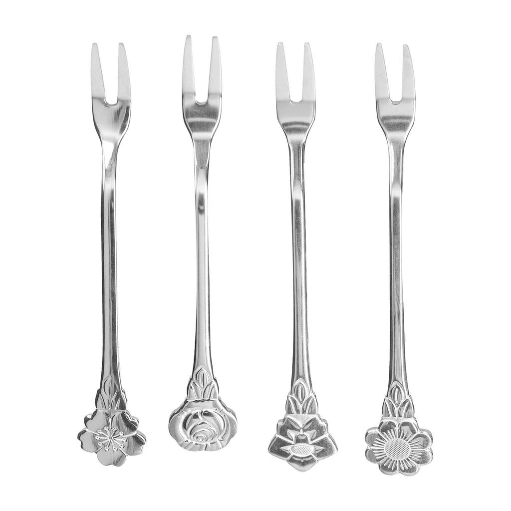 4pcs 2 Prong Fruit Fork Stainless Steel Mini Salad Fruit Dessert Tasting Forks for Home Kitchen PartySilver