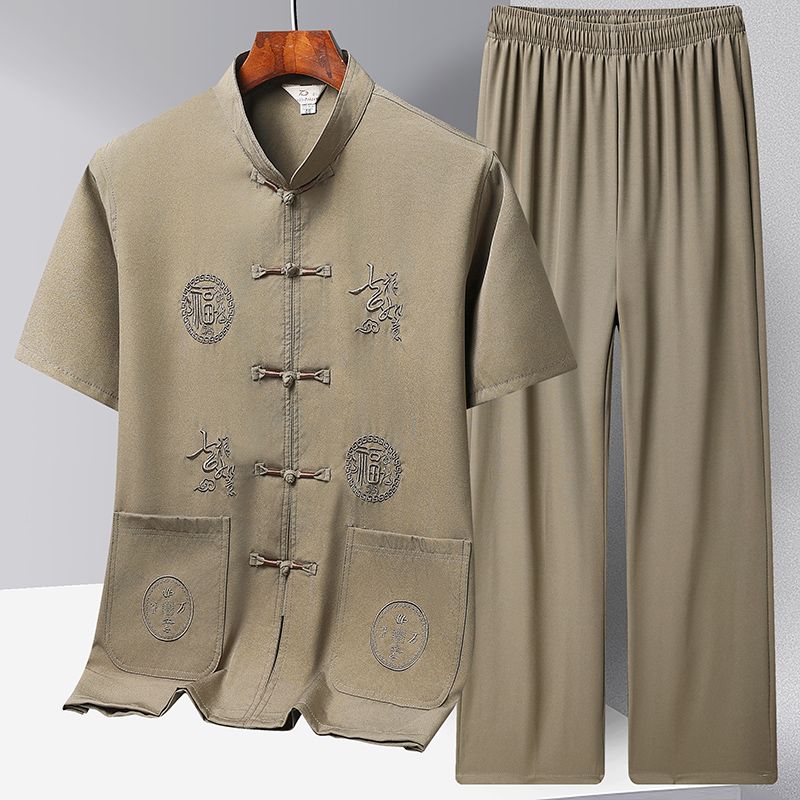 Embroidery Kung Fu Tai Chi Set Plus Size Cotton Linen Men Tang Suit Hanfu Chinese Style Casual Short-Sleeved Shirt Trousers Suit