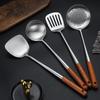 Stainless Steel Spatula with Extended Wooden Handle - High-Temperature Resistant, Anti-Scald Kitchen Utensil for Frying and Stir-Fry Cooking.