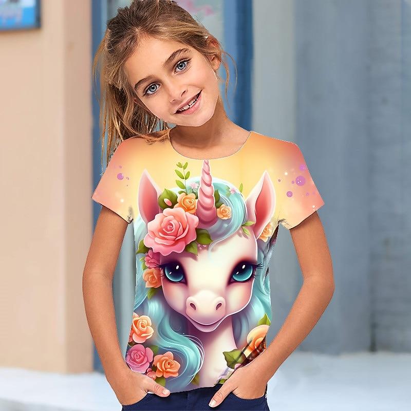 

Girls 3D Graphic Cartoon Unicorn T shirt Tee Short Sleeve 3D Print Summer Spring 110cm