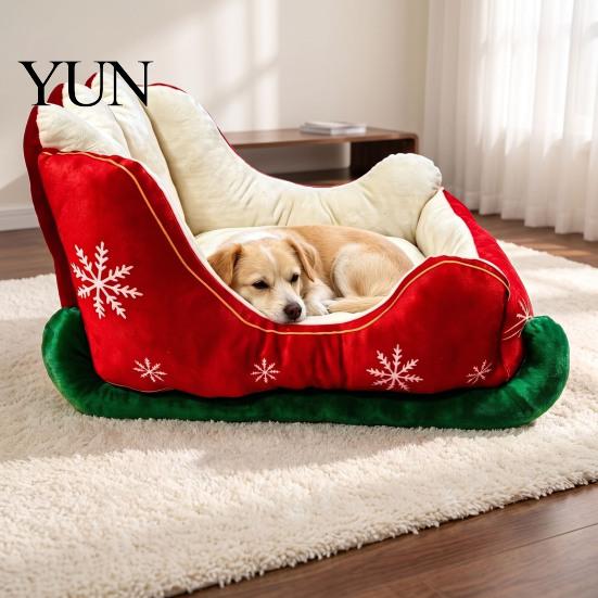 Durable Cat Nest Christmas Sleigh Shaped Pet Bed, Cozy Holiday Dog Sofa Anti?Slip Base Soft Cotton Bed Cushion, Washable Sleeping for Small