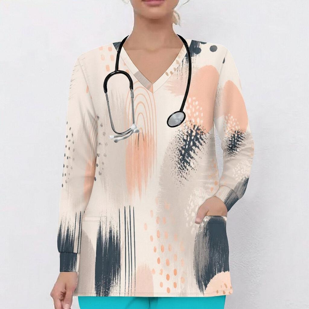 Women Plus Size Floral Leaf Print Scrub Top V Neck Long Sleeve With Front Pockets