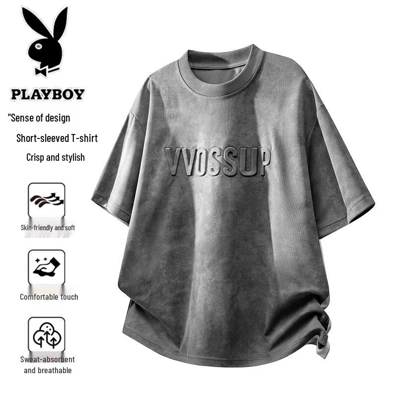 PLAYBOY Men s Summer Loose Fit Crew Neck T-Shirt M темно-серого