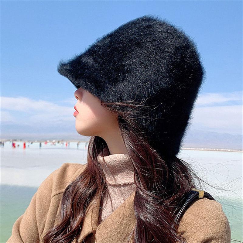 Winter Women's Fashion Solid Color Rabbit Fur Hat Bucket Hat Fisherman Hat Outdoor Warm Basin Hat Ladies Panama Bucket Hat