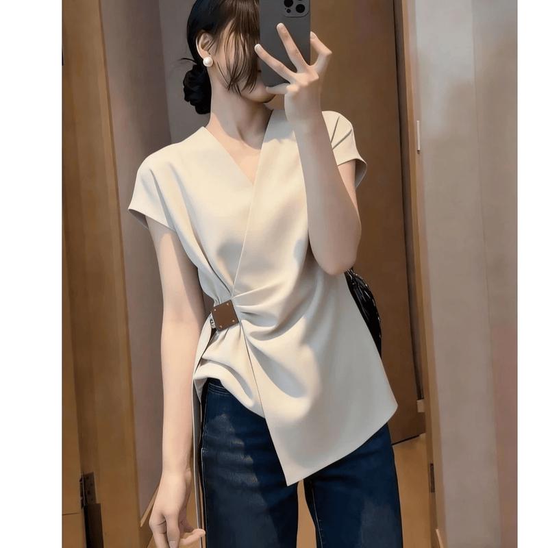 La Chapelle Women s Slim Fit V-Neck Short Sleeve Blouse XL