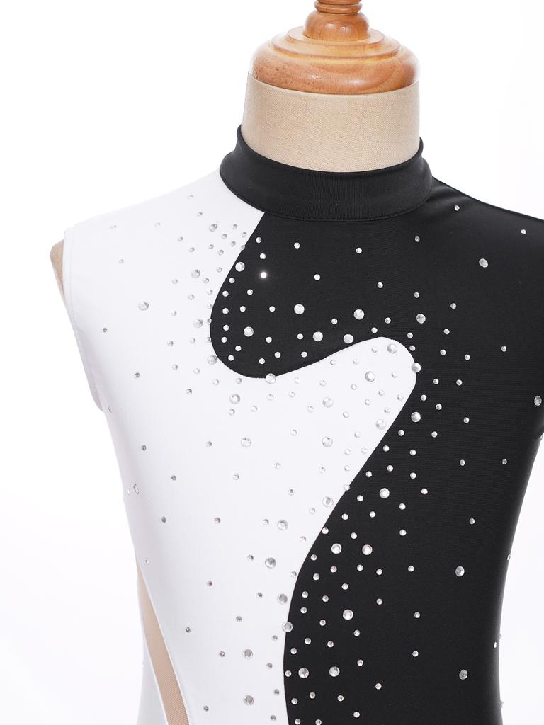 Girls Color Block Dance Leotard Patchwork Design Sparkling Rhinestones Keyhole Back Sleeveless Bodysuit Gymnastics Wear