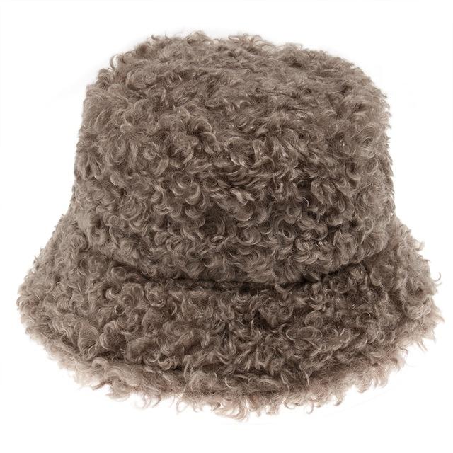 New Outdoor Warm Lamb Faux Fur Bucket Hat Black Solid Fluffy Fishing Cap Fisherman Women Winter
