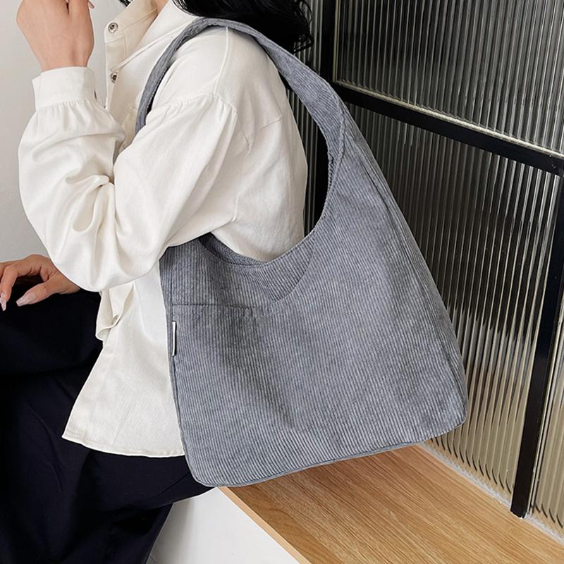 Corduroy ensfarget tøyveske for kvinner Enkel Uformell Designervesker med stor kapasitet for reiser Solid shopperveske