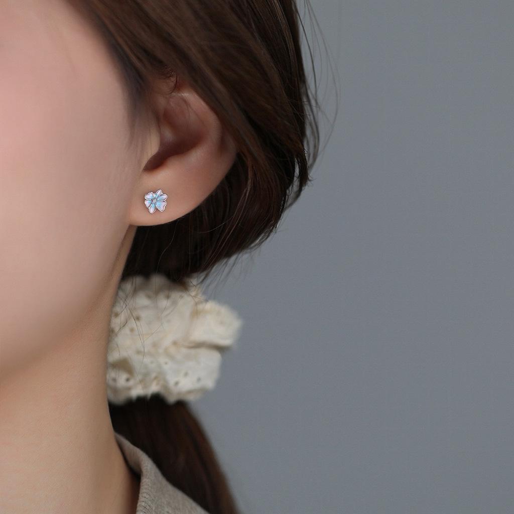 Beixi Silver Forest-Style Opal Flower Stud Earrings for Women, S999 Sterling Silver, Pink Dreamy Design. S999 Silver