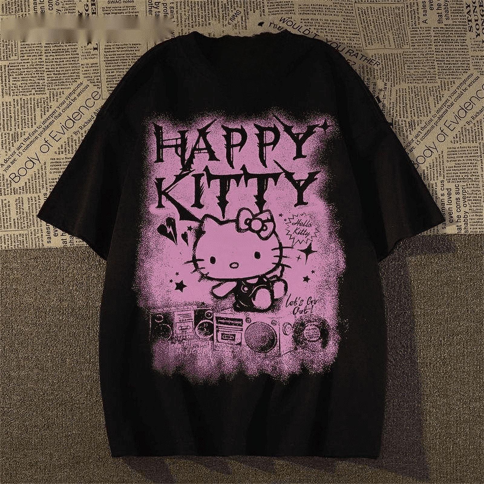 Летняя футболка Hello Kitty в ретро-стиле, высокое качество, хлопок, панк-принт-спрей, унисекс, повседневная футболка для унисекс, женщин, детей 4XL pink