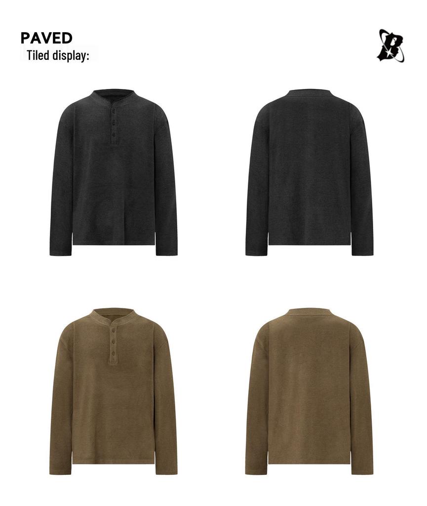 Unisex Retro Wool Henley Long Sleeve T-Shirt - Loose Fit Autumn Base Layer
