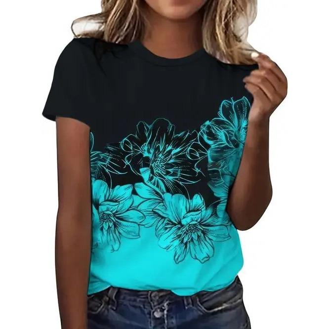 Summer Elegant Temperament Retro 3D Flower Pattern Printed Round Neck Short Sleeved Women's T-shirts