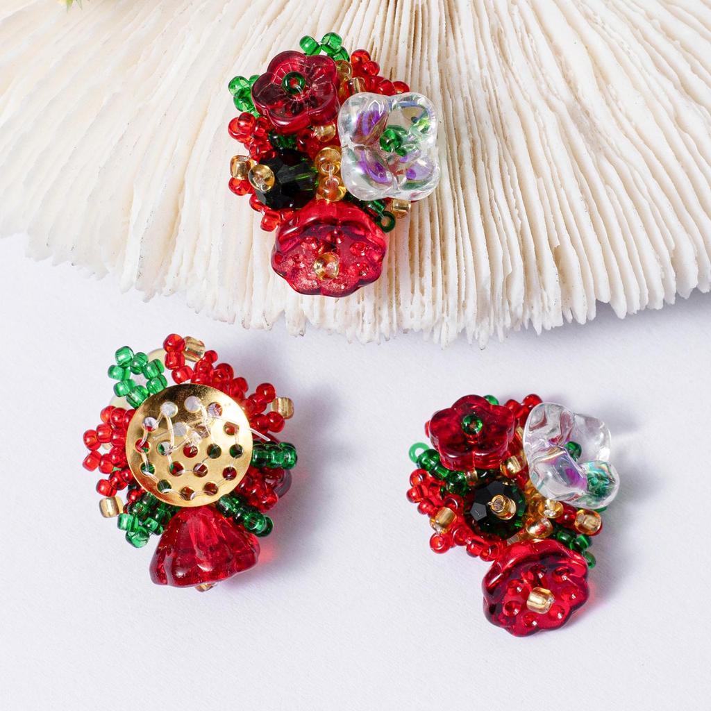 Festive Red Floral Cluster Christmas & New Year Earrings/Clips