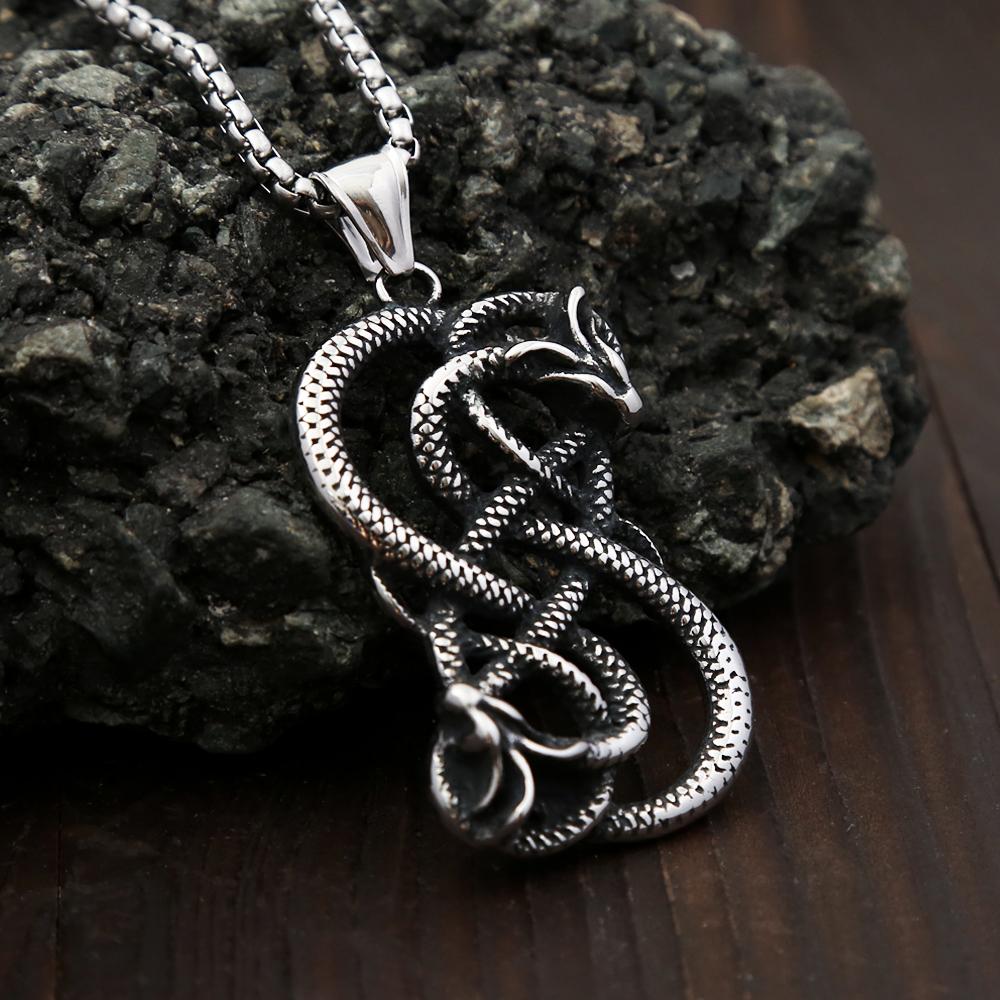 Vintage Norse Loki Double Dragon Gothic Ouroboros Pendant Necklace Stainless Steel Viking Amulet Male Jewlery Gifts Accessories