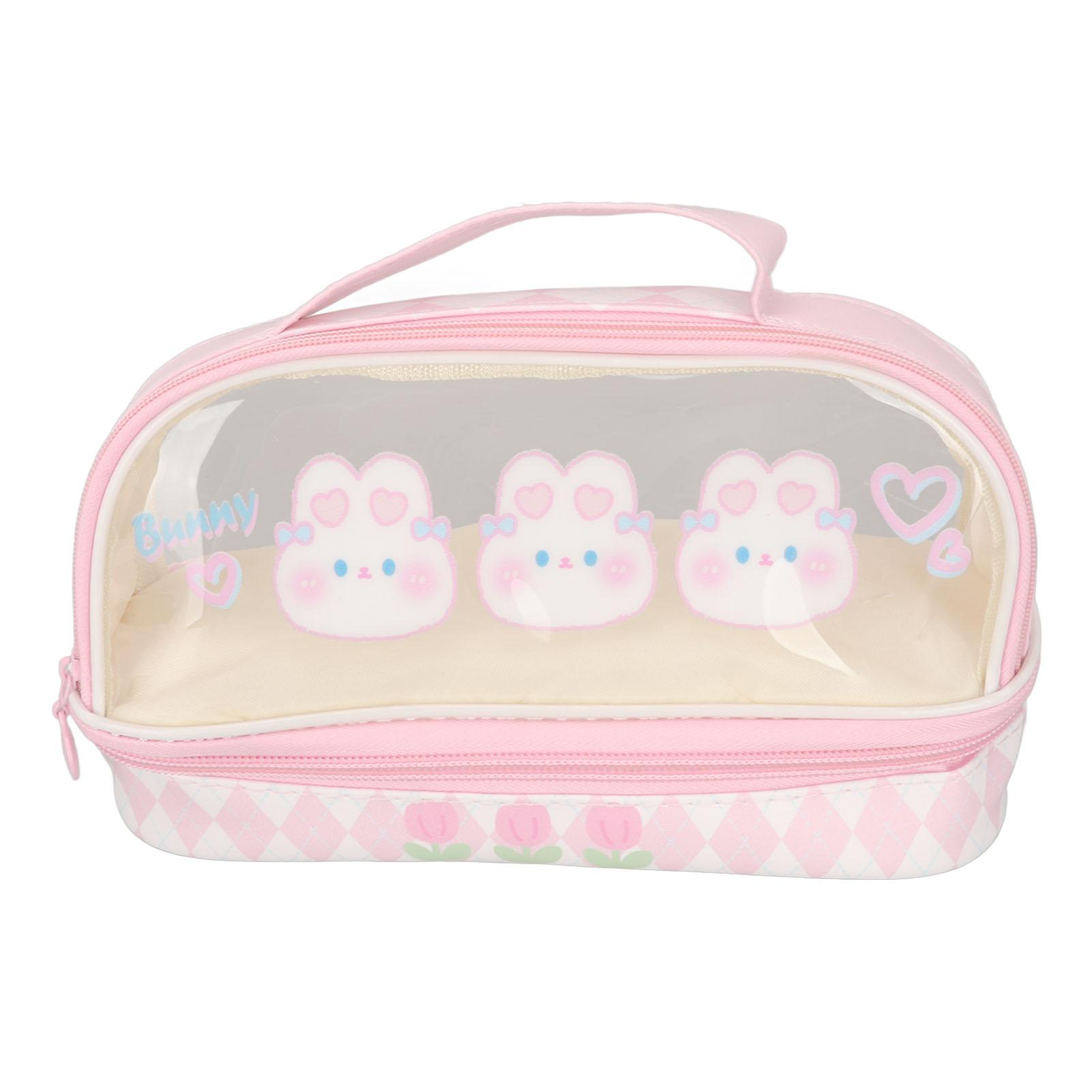 

Cute Rabbit Pen Bag Rabbit Pattern Double Layer Waterproof Transparent Kawaii Pencil Case Pink Cosmetic Bag with Handle
