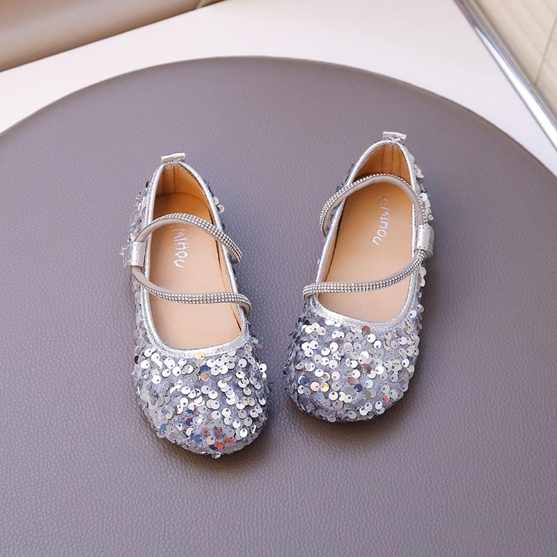 Girls Dance Performance Shoes Shiny Sequins Round Toes Children Flat Shoes Chic Soft Sole 2025 New Kids Leather Shoes Non-slip