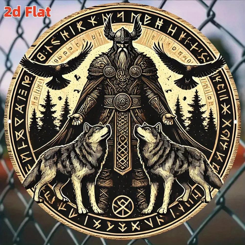 Vintage Norse Mythology Odin Wall Decor D Flat Aluminum Sign HD Print with Wolves Symbolic Art for Bar Cafe