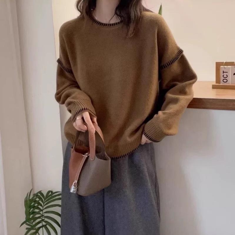 Korean Patchwork Color Block Wool Knit Sweater - Winter Loose Fit Pullover