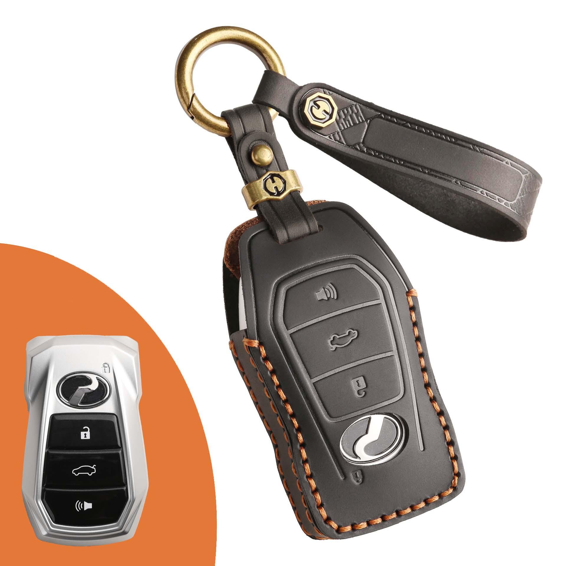 

Настоящая кожаная ключница для Perodua Axia Myvi Bezza, Держатель для брелока автомобиля из высококачественной коровьей кожи, Полное покрытие, Защита от царапин и ударов чёрный