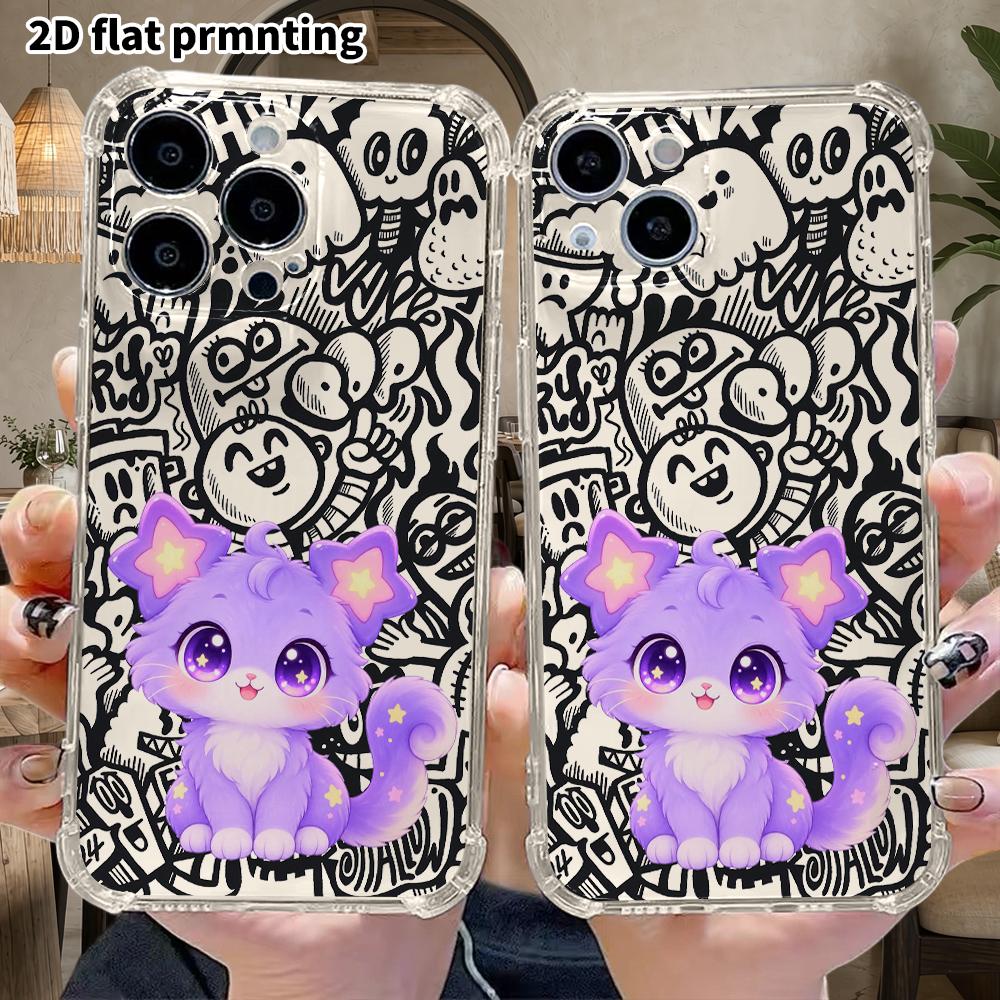 Phone Case: 2D Flat Suitable for iPhone 18 17 16 15 14 13 Pro, Transparent Four Corner Protective Case, Star Eared Kitten, Christmas and Halloween Gif