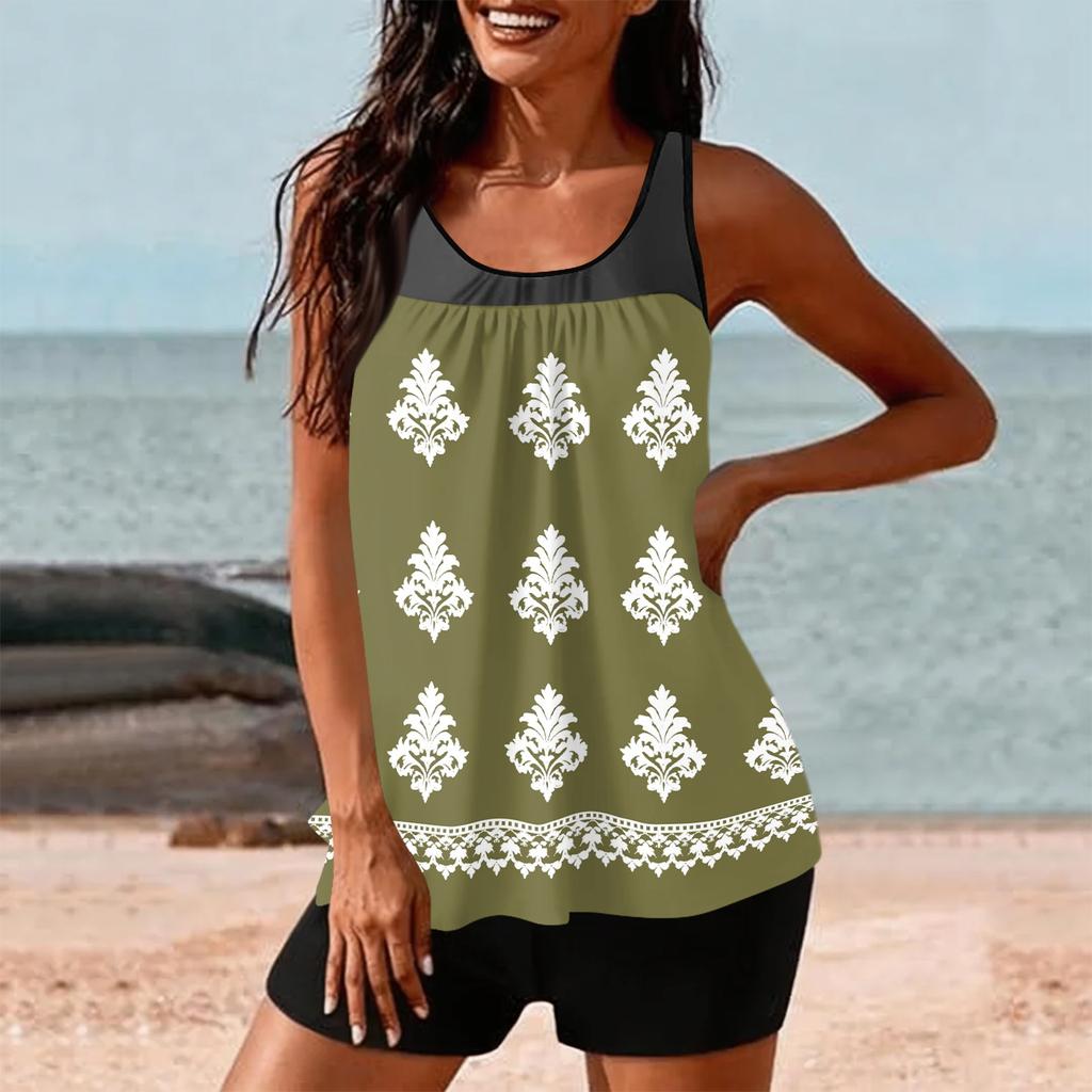 Tankini Swimsuits for Women Two Piece Modest Blouson Bathing Suit with Shorts Printed Full Coverage Swimwear