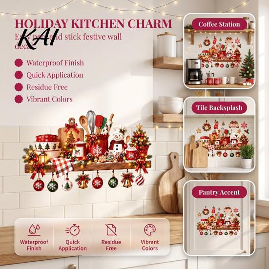 Christmas Party Scene Decoration Kitchen Wall Sticker, Self Adhesive PVC Decal, Festive Utensils Easy Apply Holiday Art Seasonal Holly Gingerbread Man