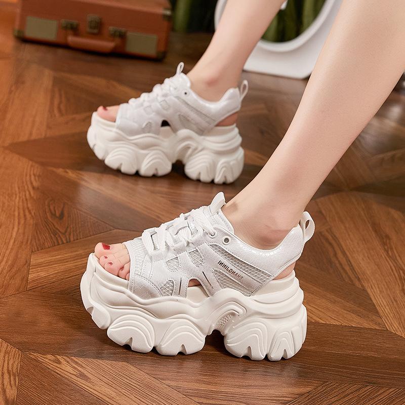 Platform sandals women's 2025 summer new hollow heightening shoes mesh versatile hole shoes versatile outer wear beach shoes