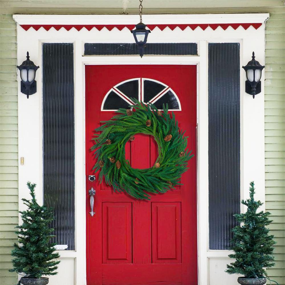 New Soft Touch Realistic Christmas Wreath With Pinecones Red Berries And Norfolk Pine Needles