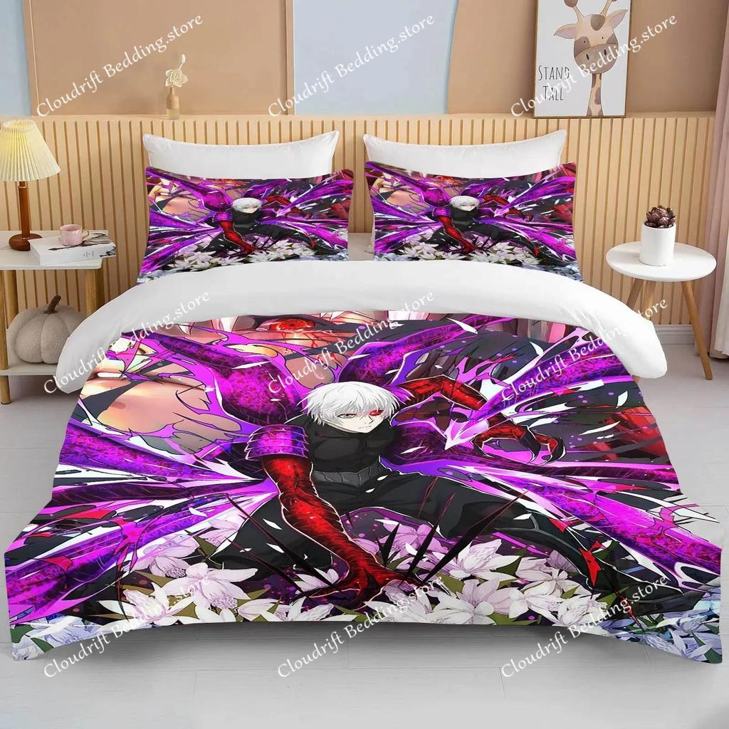 Neues Japan Tokyo Ghoul Bettwäscheset Kaneki Ken Anime Bettwäscheset Schwarz Weiß Bettbezugset Junge Heimtextil 3D Steppdecke Bettwäsche