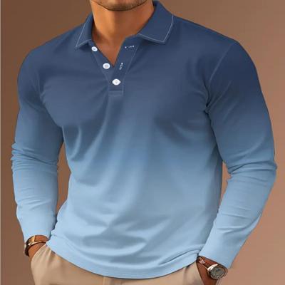 Novo Digital Impresso Masculino Outono Manga Longa Cor Bloqueada Esportes Casual Moda Polo Gola Gradiente Top Masculino