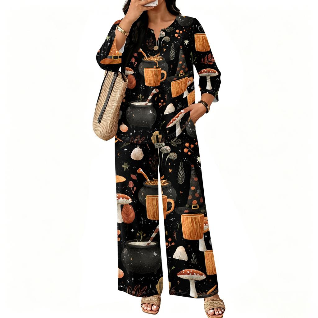 Women's Casual Printed 3/4 Sleeve Button Down Top and Wide Leg Pants 2 Piece Set