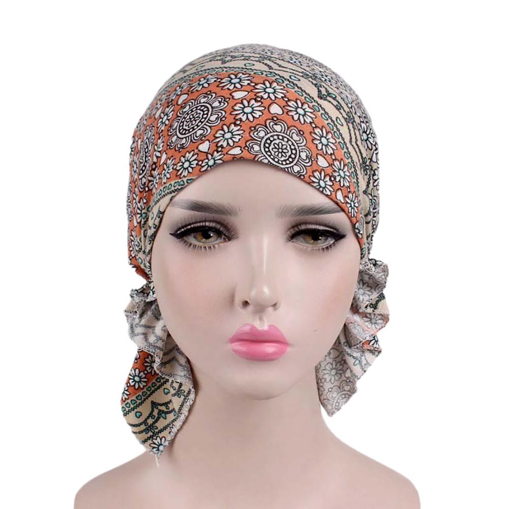 Kvinner India Muslim Elastisk Turban Print Cotton Hat Head Scarf Wrap