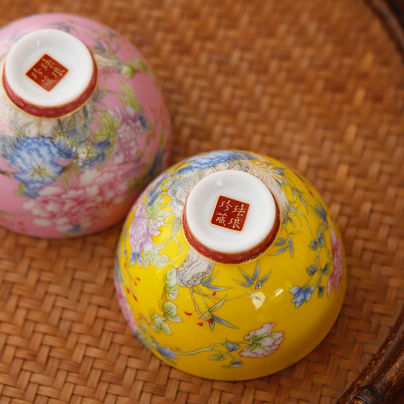 Enamel Color Tea Cup Ceramic Master Cup Palace Style National Trend Retro Tea Bowl Household Kung Fu Tea Cup6Gift Box