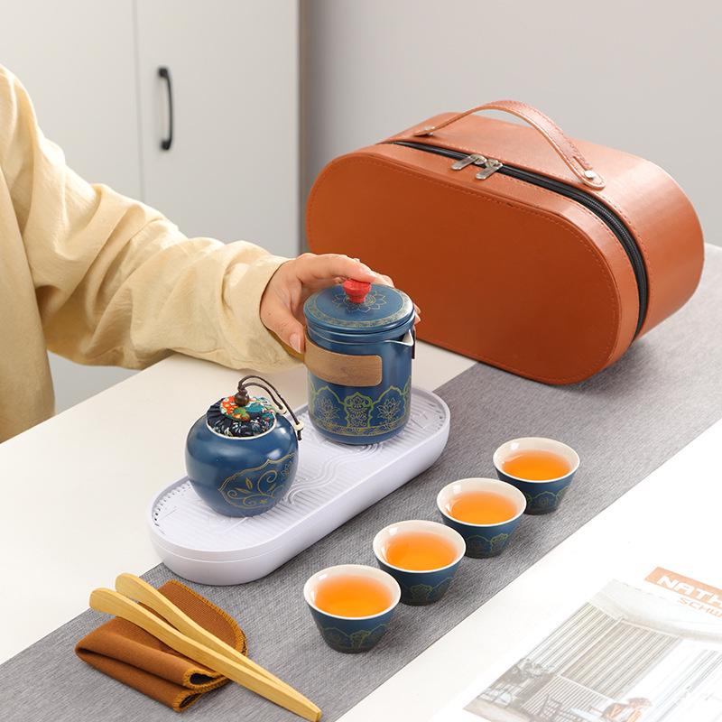 Ceramic Travel Tea Set with Tray - Portable Cup for Outdoor Anniversaries & Custom Souvenirs