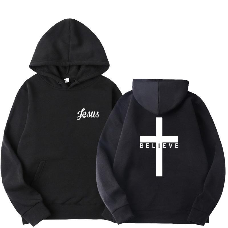 

Women Unisex Believe Cross Printed Hoodie L чорний