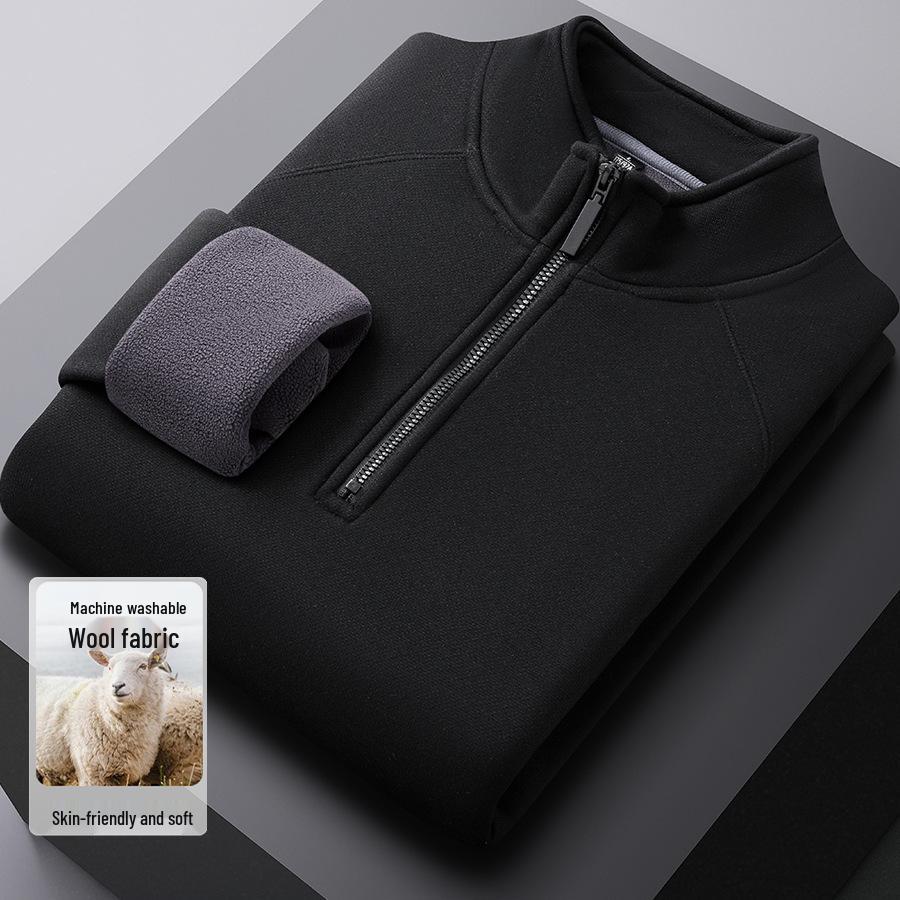 Men's Warm Wool-Blend Zipper Base Layer Shirt with Plush Lining and Stand Collar