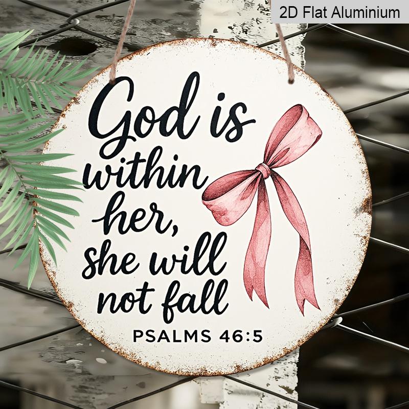 2D Flat - [2D Flat]1pc 7.87 X 7.87Inch (20 X 20Cm) Exquisite Metal Poster. Pink Bow & Inspirational Bible Verse God Is Within Her, She Will Not Fall