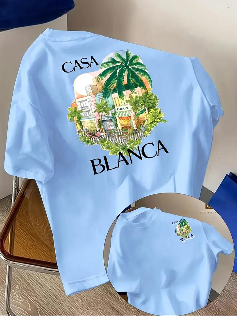 Tropical Cityscape Palm Tree Print On Premium Soft 100 Cotton Unisexs T Shirt Perfect for Summer Casual Vacation Streetwear Style