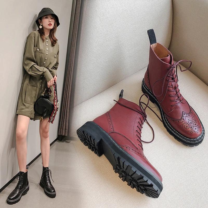 Fashion INS 2025 Women Ankle Boots Cowhide Chunky Heel Shoes Autumn Winter Ladies Shoes Lace Up Short Boots Motorcycle Woman Boots