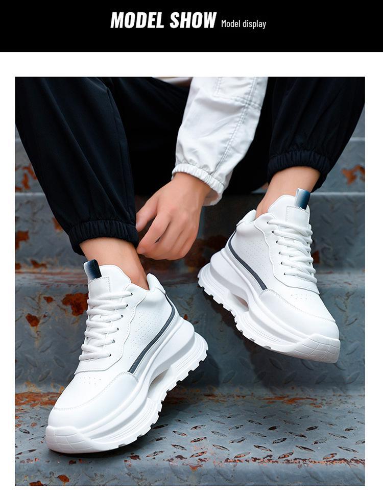 Men's White Hidden Lift Casual Sneakers, 10cm Height Boost, Thick Sole, Trendy Dad Shoes