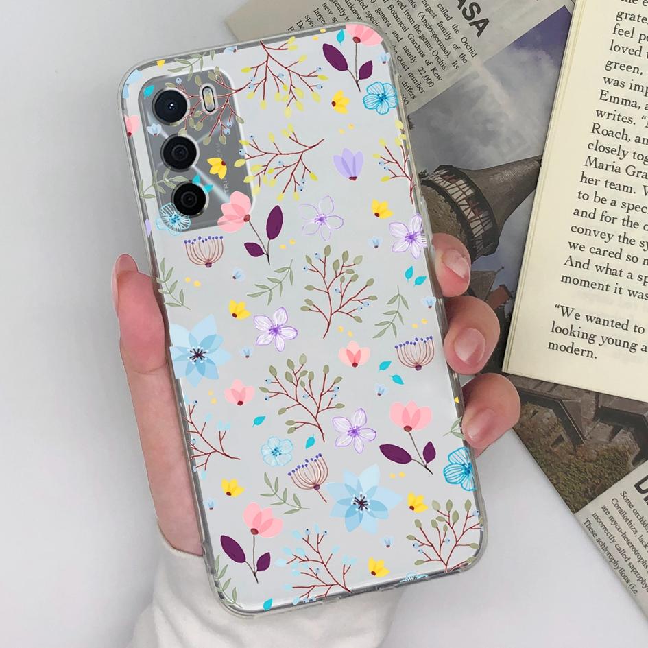 For Oppo A15 A15S A16 A16S A17 A17K A35 A58 Phone Cases Beautiful Blue Butterfly Flowers Pattern Transparent Silicone Anti Slip Housing For Oppo Shell