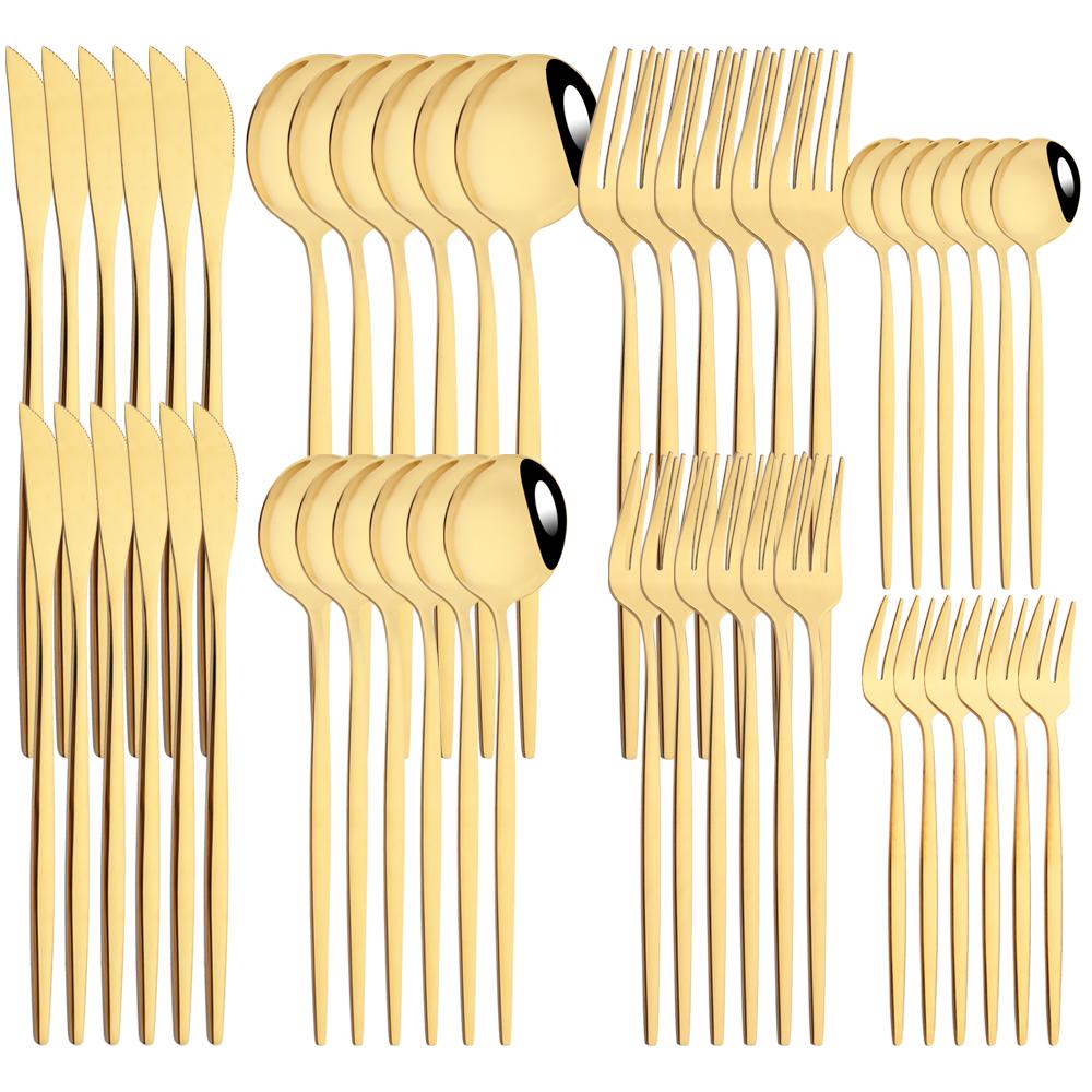 48pcs/Set Gold Cutlery Set Dessert Knife Fork Teaspoon Dinnerware Mirror Stainless Steel Tableware Western Home Kitchen Flatware