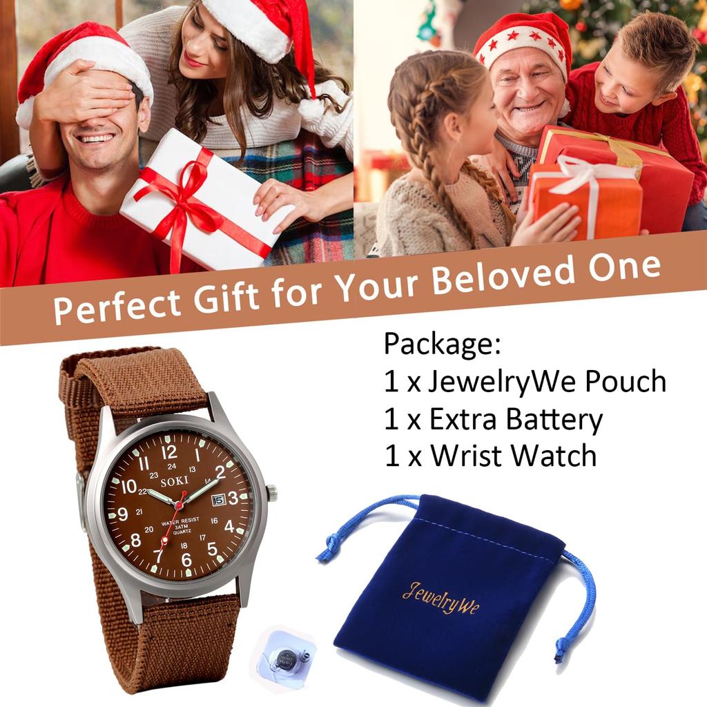 Kalender Leuchtend Analog Einfach und Stilvoll Sport Quarz Braun Nylon Modeaccessoire Perfektes Geschenk für Tag Herren Armbanduhr im Antik-Stil, Wasserdicht