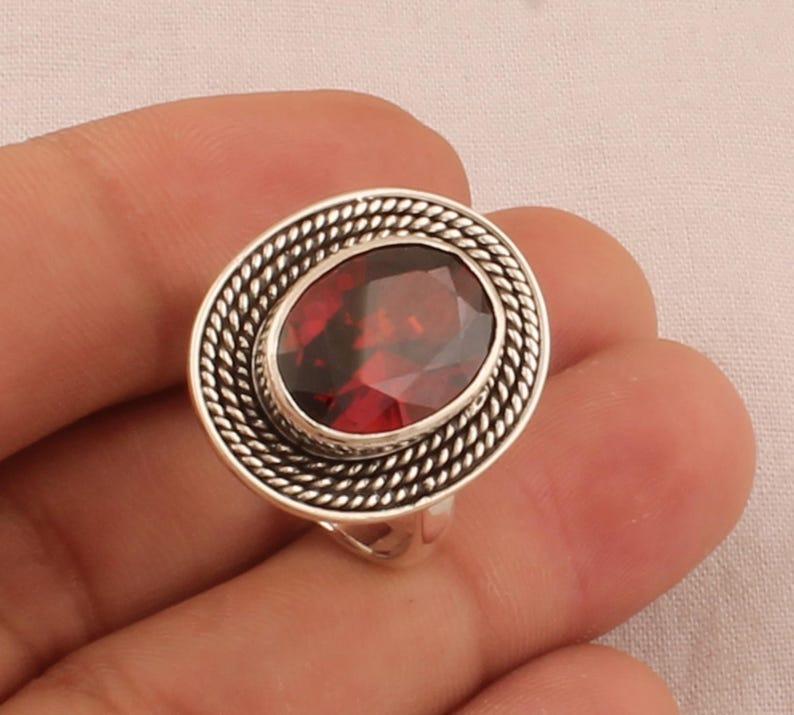 Solid 925 Sterling Silver Garnet Gemstone Ring Handmade Designer Ring Bohemian Ring Gift For Her Charm Jewelry