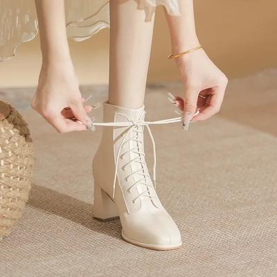 Botas femininas de salto alto, novas botas com cadarço, da moda, simples, para áreas externas, para caminhada, curtas, sapatos curtos, luxuosos e confortáveis, 2024