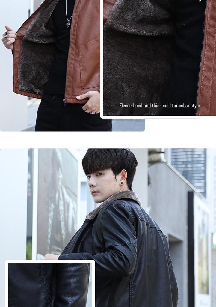 Men's Thick Leather Jacket with Fleece Lining - Lambswool, PU Leather, Lapel Collar, Warm Casual Coat for Spring & Autumn.
