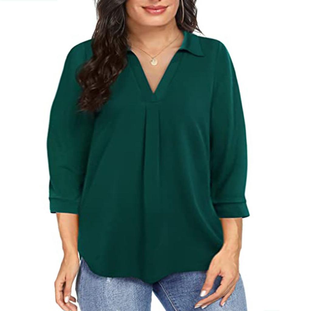New Chiffon Blouse, Plus Size Loose V-Neck 3/4 Sleeve Casual Top for Women, European & American Style