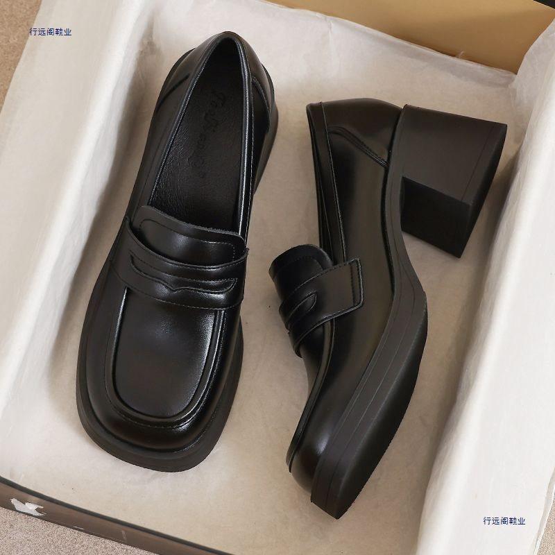 Small leather shoes women's new spring and autumn monsoon black work with skirt high heel thick sole