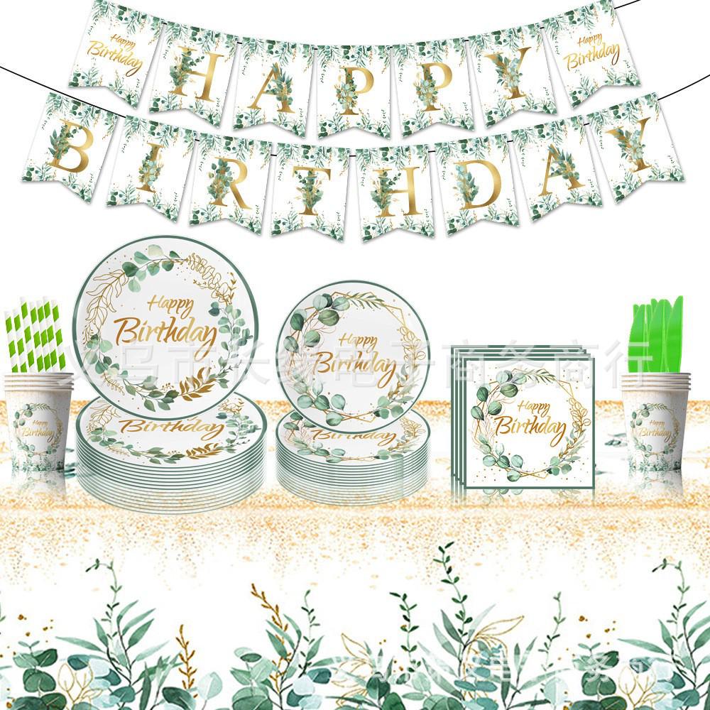 Eucalyptus Leaf Party Tableware: Napkins, Cups, Tablecloth, Cutlery, and Flags for Birthday Celebrations.