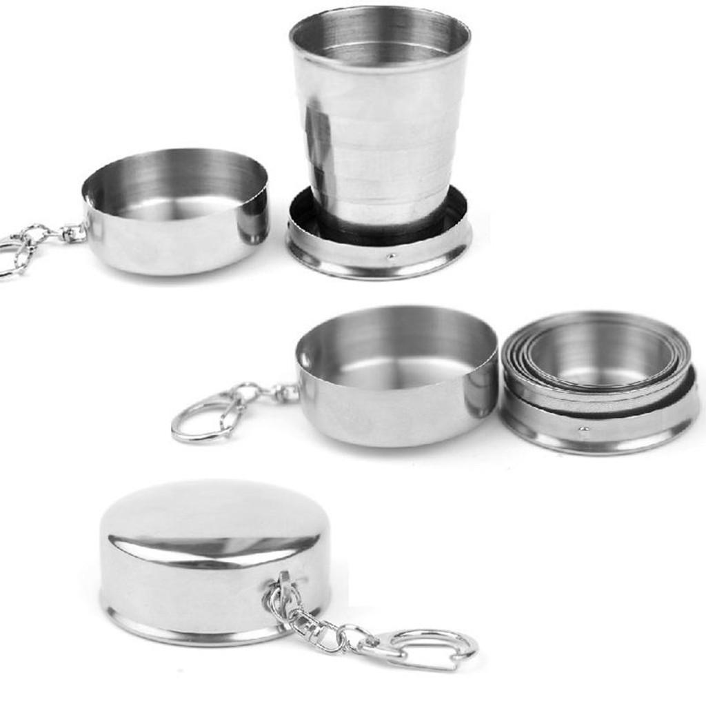 Stainless Steel Camping Folding Cup With Keychain Traveling Outdoor Hiking Portable Cup
